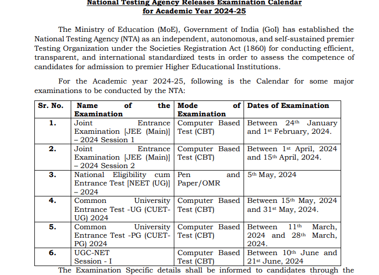 NTA Examination Calendar 2024 Out SarkariUjala